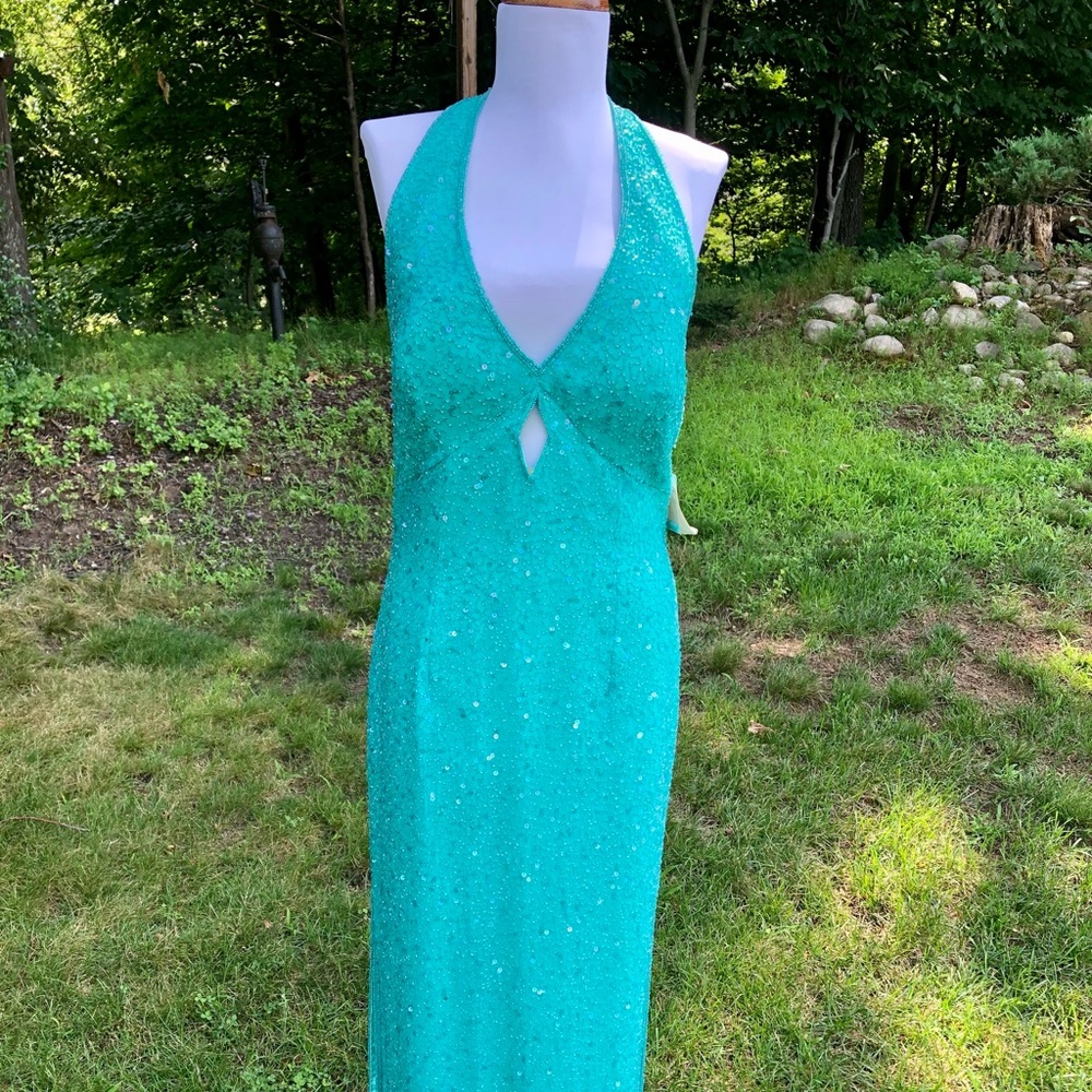 Floor length David’s Bridal Teal beaded gown XL